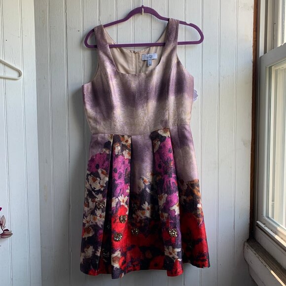 Belle Badgely Mischka Pink Purple Floral Sequin Gold Wash A Line Layla Dress -10 - Picture 1 of 16